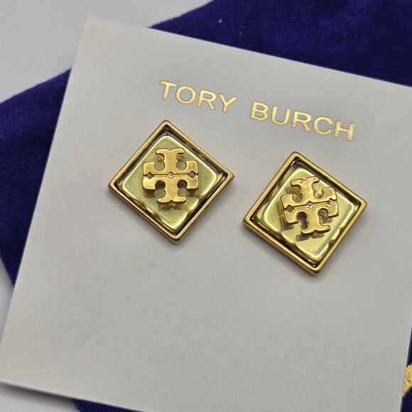 NEW Tory Burch KIRA STUD EARRINGS Light Green Gold T Logo Square Diamond Shape - Picture 1 of 5